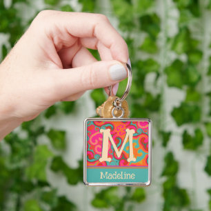 Porte-clés Nom du monogramme rose et Turquoise de l'Ado