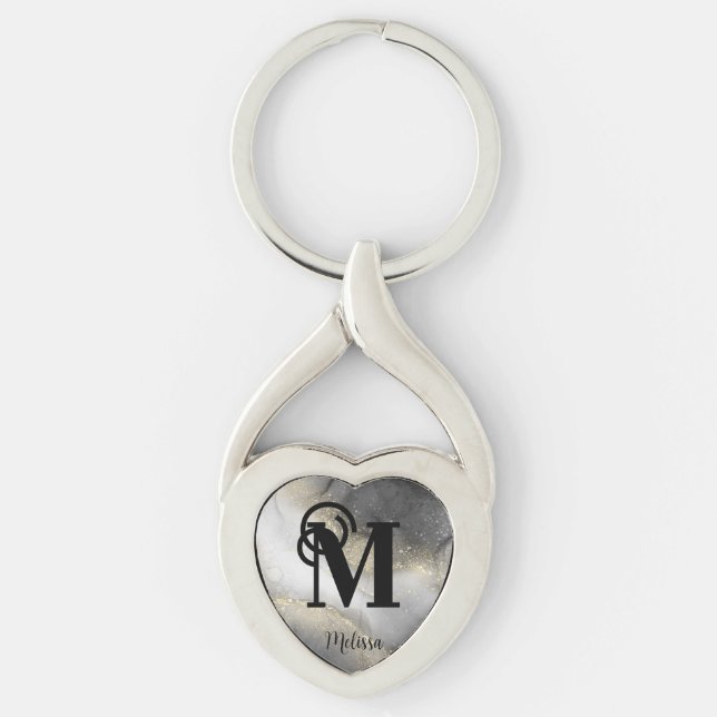Porte-clés Nom élégant Monogramme Noir et Or (Devant)