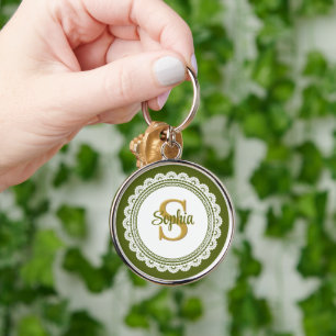 Porte-clés Nom Monogramme Élégant Vert Olive Broderie Anglais