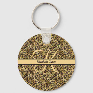 Porte-clés Nom Monogramme Imprimé Léopard Noir Or Guépard 