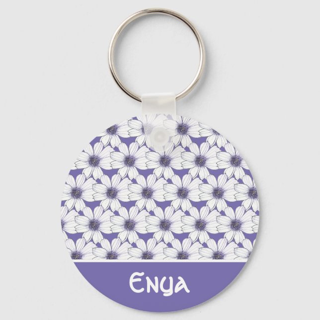 Porte-clés Nom personnalisé Bouton motif de fleurs violettes  (Recto)