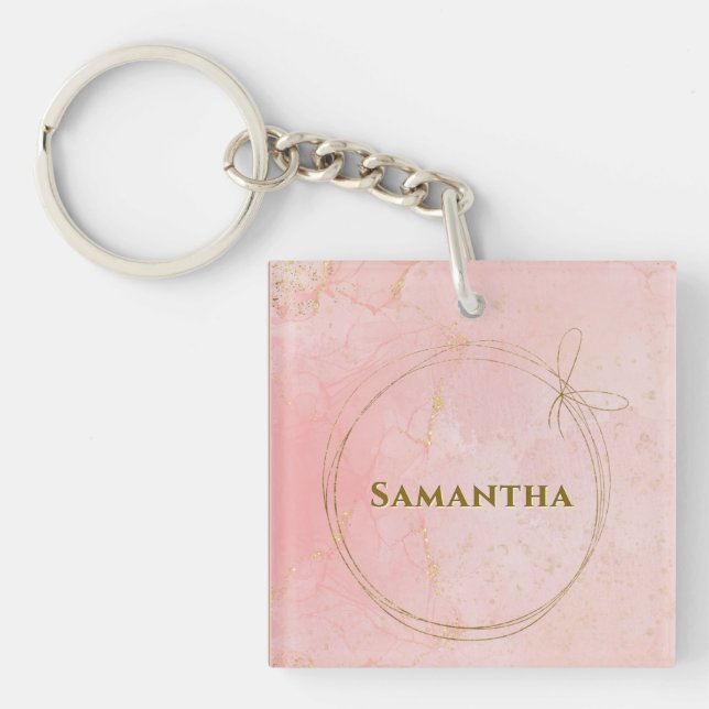 Porte-clés Nom personnalisé Carré rose et or (Devant)