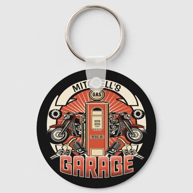 Porte-clés Nom personnalisé Garage moto moto pompe à gaz rétr (Recto)