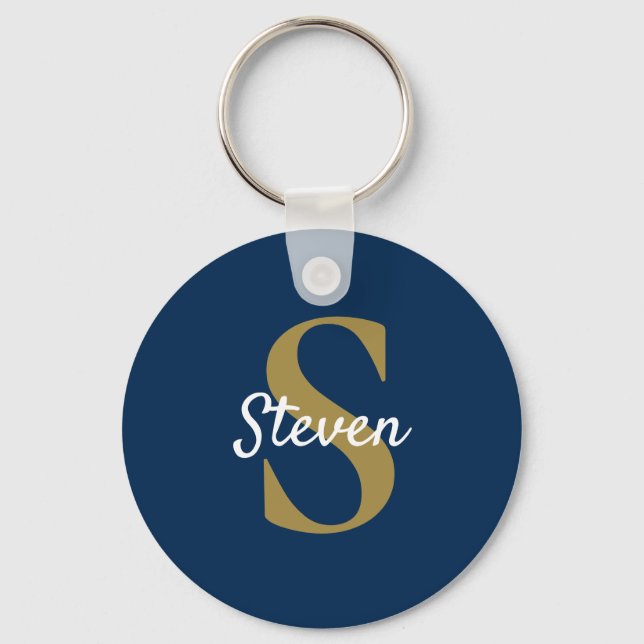 Porte-clés Nom personnalisé Monogram Navy Blue Gold (Recto)