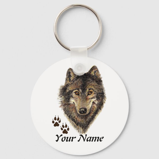 Porte-clés Nom personnalisé ou texte Loup aquarelle animal (Recto)