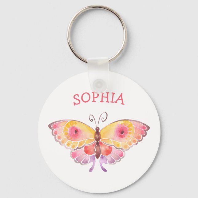 Porte-clés Nom personnalisé Papillon enfants mignonne rose (Recto)
