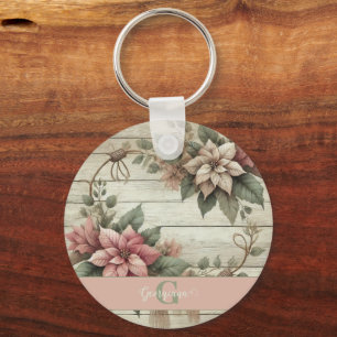 Porte-clés Nom Personnalisé Shabby Chic Pastel Poinsettias Ga