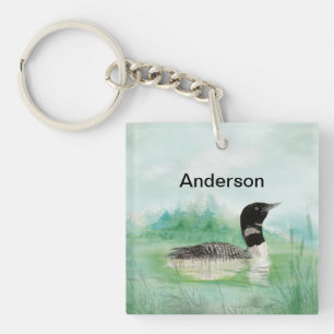 Porte-clés Nom personnalisé Watercolor Peinture Loon Bird Lak
