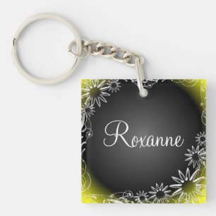 Porte-clés Nom personnel marguerite fleurie jaune noir porte 