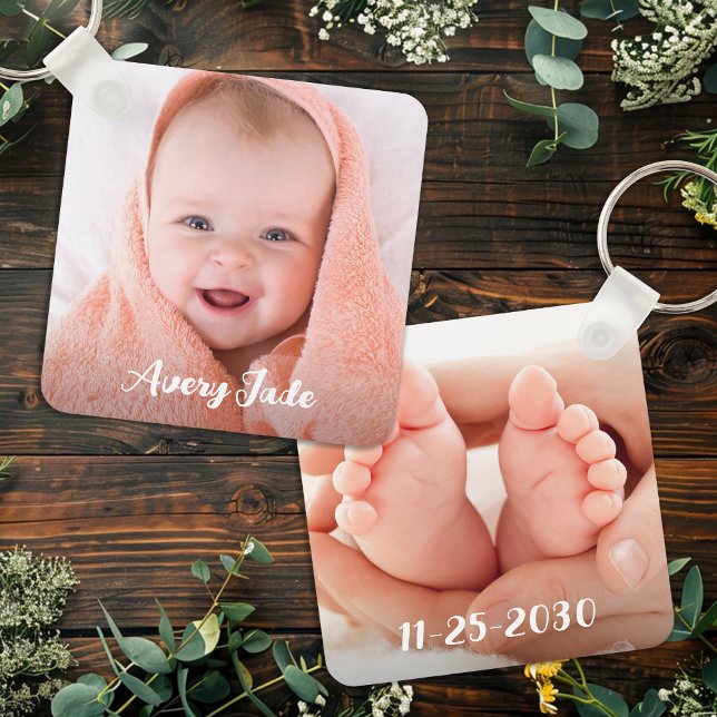 Porte-clés Nom photo et anniversaire du nouveau-né personnali (Créateur téléchargé)