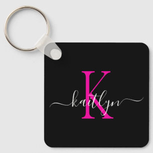 Porte-clés Nom rose chaud noir Monogramme initial