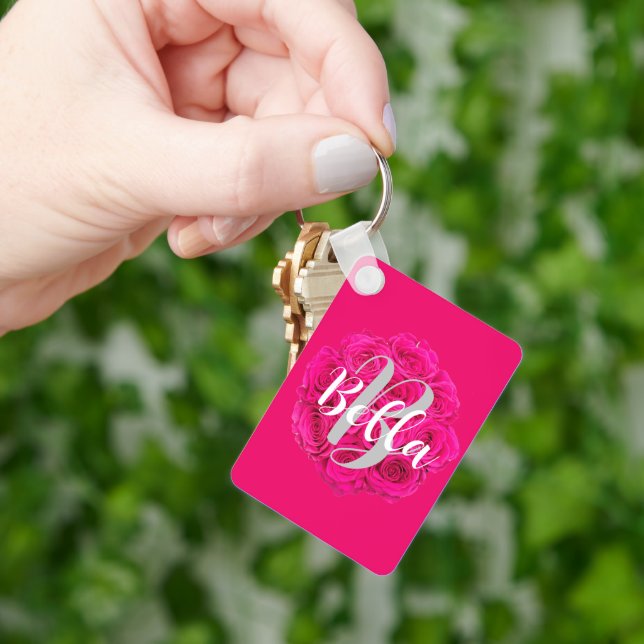 Porte-clés Nom rose personnalisé (main)