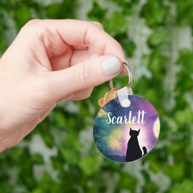 Porte-clés Nom sur mesure Artistique Cute Chat Lune et Galaxi (main)