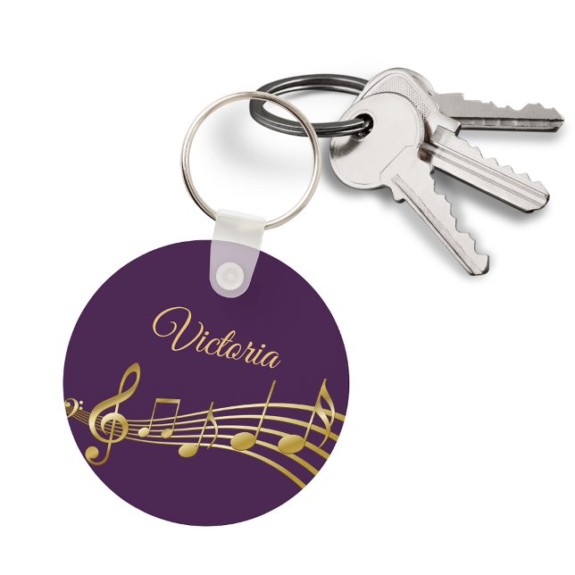 Porte-clés Notes de musique dorée violette nom monogramme (Créateur téléchargé)