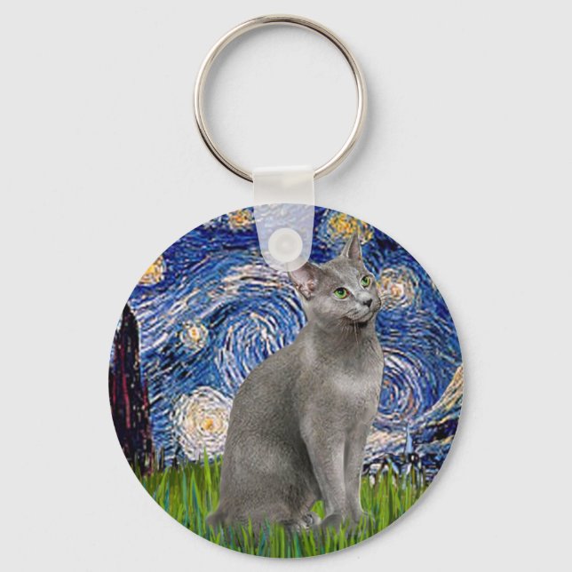 Porte-clés Nuit étoilée - chat bleu russe (Recto)
