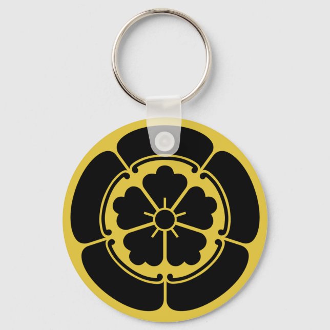 Porte-clés Oda Mon japonais samouraï clan jaune sur noir (Recto)