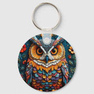 Porte-clés Œuvre d'art colorée de hibou avec détails complexe