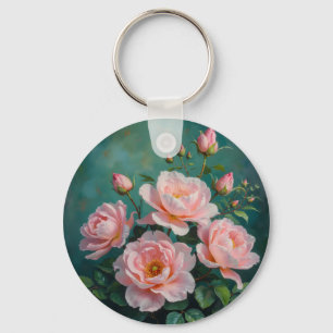 Porte-clés Œuvre d'art sur pivoines roses sur fond vert émera