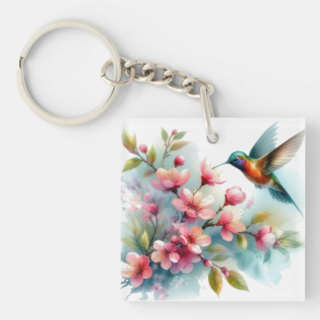 Porte-clés OEuvre florale/printanière de colibri (Devant)
