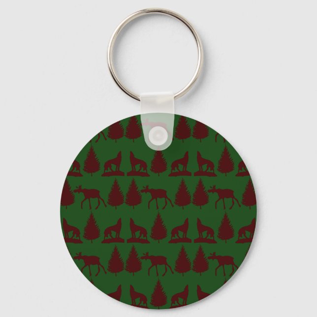 Porte-clés Oies sauvages Loups Pins Arbres Maroon vert rustiq (Recto)