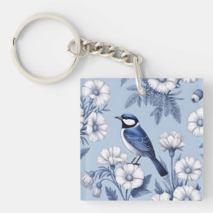 Porte-clés Oiseau Bleu Élégant et Motif Floral Blanc