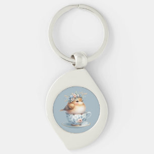 Porte-clés Oiseau bleu mignon avec couronne florale en Teacup