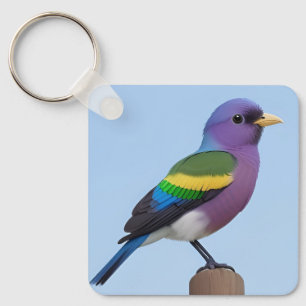 Porte-clés Oiseau coloré perché sur un poteau en bois