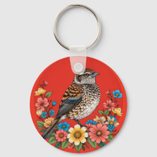 Porte-clés Oiseau coloré sur une branche encadré de fleurs