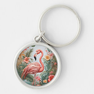 Porte-clés Oiseau de Flamant rose rose élégant et fleurs trop