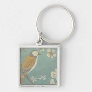 Porte-clés Oiseau jaune, gris et beige perché sur une branche