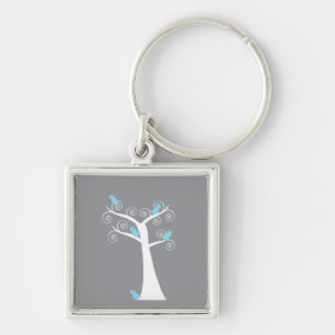 Porte-clés Oiseaux bleus fantaisistes sur un arbre gris tourb