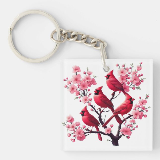 Porte-clés Oiseaux cardinaux rouges Oiseaux de fleurs de ceri (Devant)