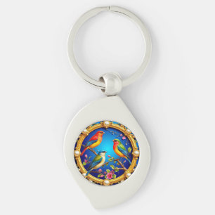 Porte-clés Oiseaux colorés dans un cadre doré orné