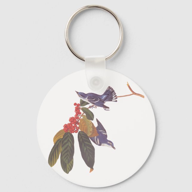 Porte-clés Oiseaux de Paruline Céruleenne d'Audubon avec baie (Recto)
