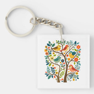 Porte-clés Oiseaux et fleurs Art populaire scandinave