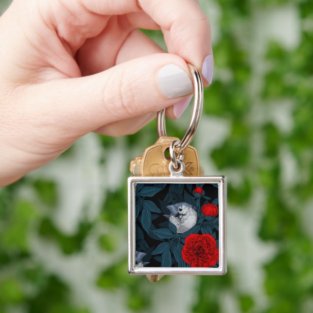 Porte-clés Oiseaux et fleurs de pivoines rouges avec feuilles (main)