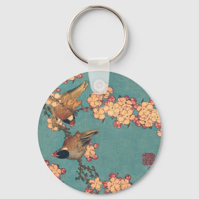 Porte-clés Oiseaux et fleurs japonais Art rose floral (Recto)