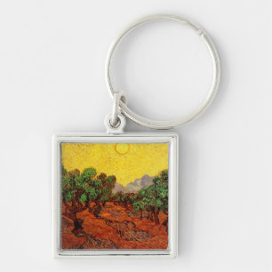 Porte-clés Oliviers avec ciel jaune et soleil Van Gogh