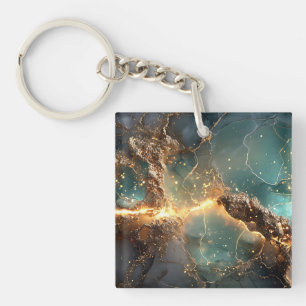 Porte-clés Or Abstrait et art marbré Turquoise