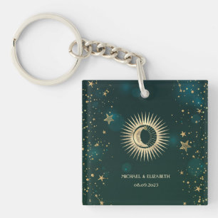 Porte-clés Or céleste Soleil Et Lune Étoiles Vert