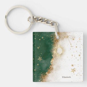 Porte-clés Or céleste Soleil Et Lune Étoiles Vert
