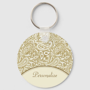 Porte-clés Or de luxe et ivoire Paisley Damask avec nom