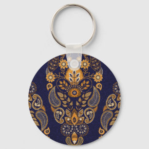 Porte-clés Or et bleu, motif sans couture fleurie.