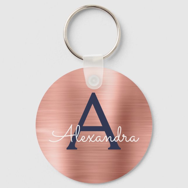 Porte-clés Or Rose Gold Navy Blue Acier Inoxydable Monogramme (Recto)