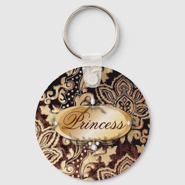 Porte-clés or victorien affligé chocolat brun damassé (Recto)