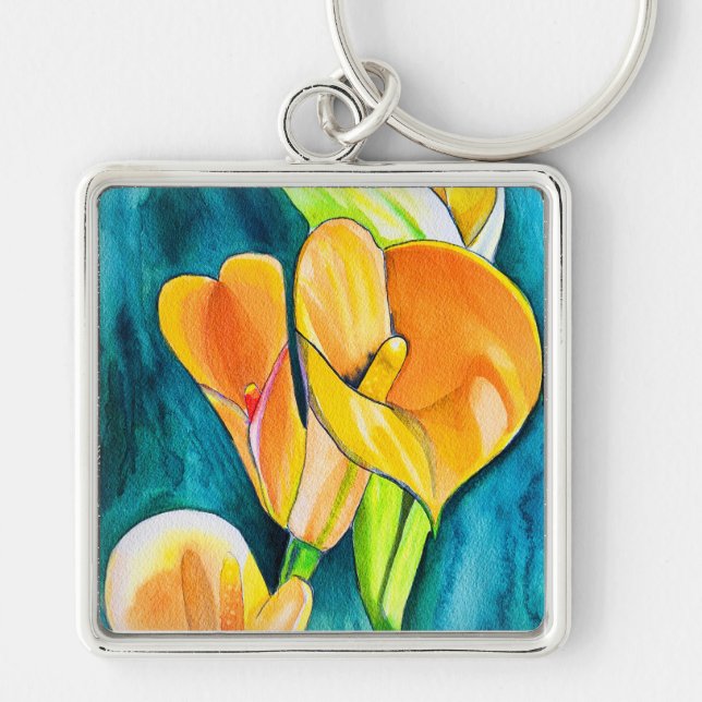 Porte-clés Orange Calla fleurs de laine aquarelle art (Devant)