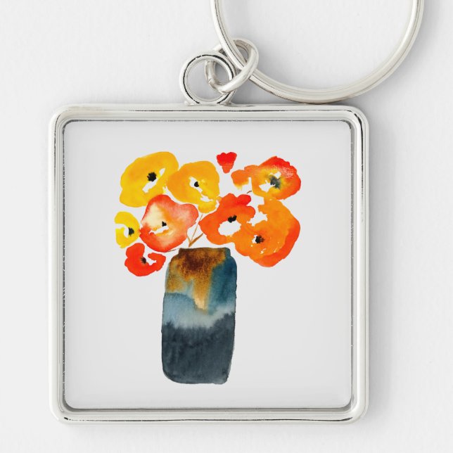 Porte-clés Orange fleurs de pavot aquarelle (Devant)