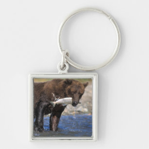 Porte-clés Ours brun, grizzly, avec prise de saumon,