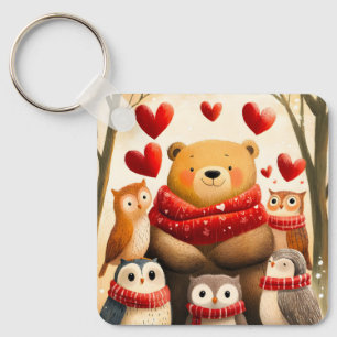 Porte-clés Ours et famille de hiboux cosy en forêt en hiver