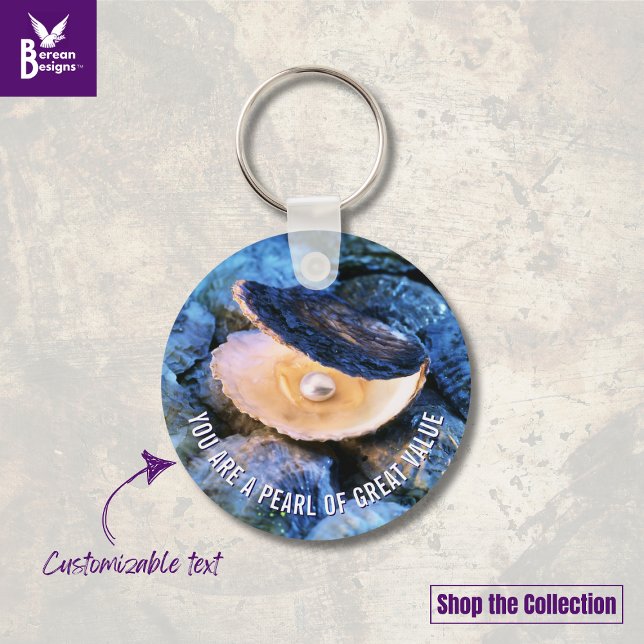 Porte-clés OYSTER Pearl de grande valeur Personnalisé chrétie (Blue OYSTER aesthetic keychain with CUSTOMIZABLE Christian Bible verse. Ideal gift for her.)